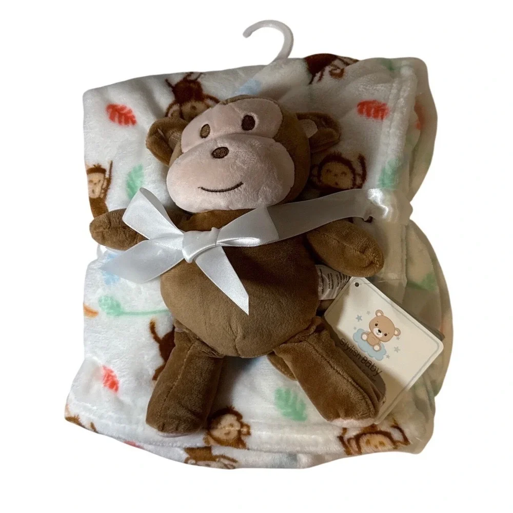 Stylish Baby Monkey Blanket and Plush Newborn Gift Set Brown White 30x40 NWT